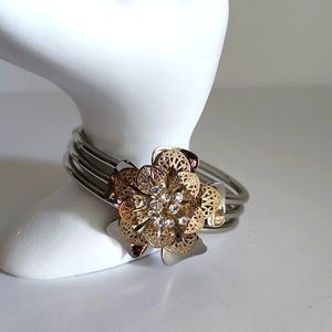 Gold Tone Crystal Rhinestone Flower Metal Bangle Bracelet